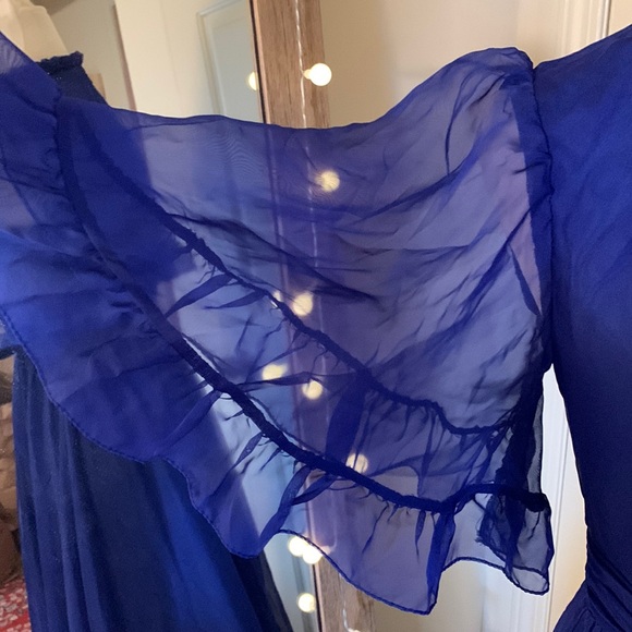 MAC DUGGALRuffled High Neck Flutter Sleeve High Low Hem Gown